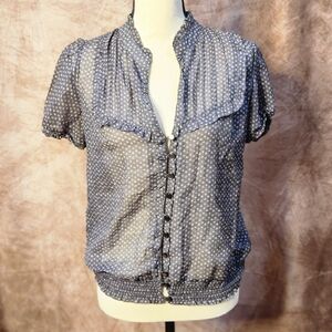 Twenty One Gray Printed Ruffle Blouse – Button Front Sheer Detail Top – Size L